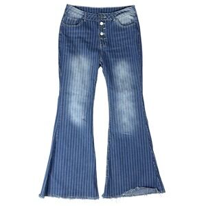 Y2K Retro Festival Jeans Womens Large Pinstripe Flare Faded Distressed Denim 30"
